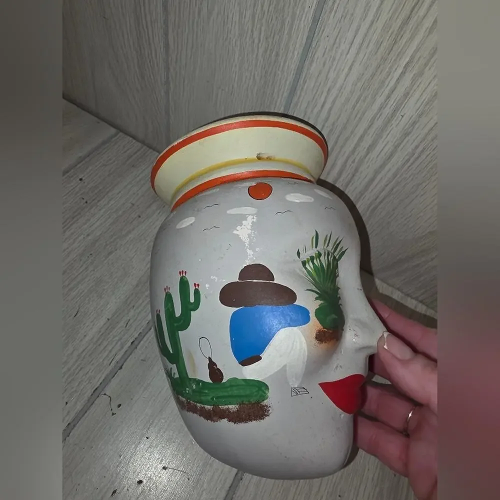 Vtg Mexican Folk Art Pottery Head Vase Mask Hand Painted Unique Signed Planter
